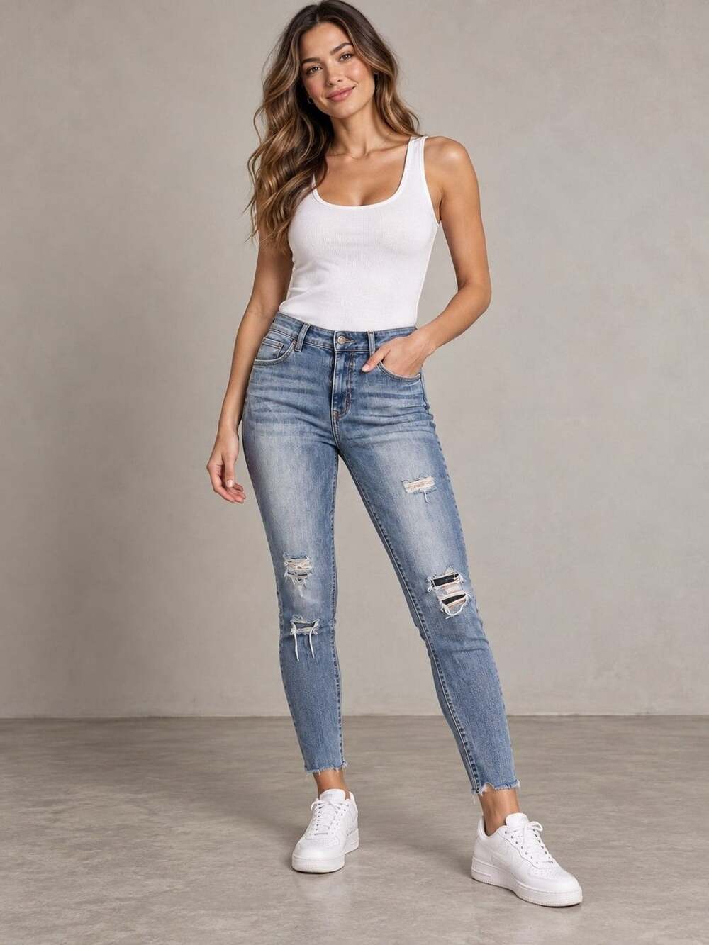 Studio Blue Distressed Jeans Size 30 Medium Wash Raw Hem